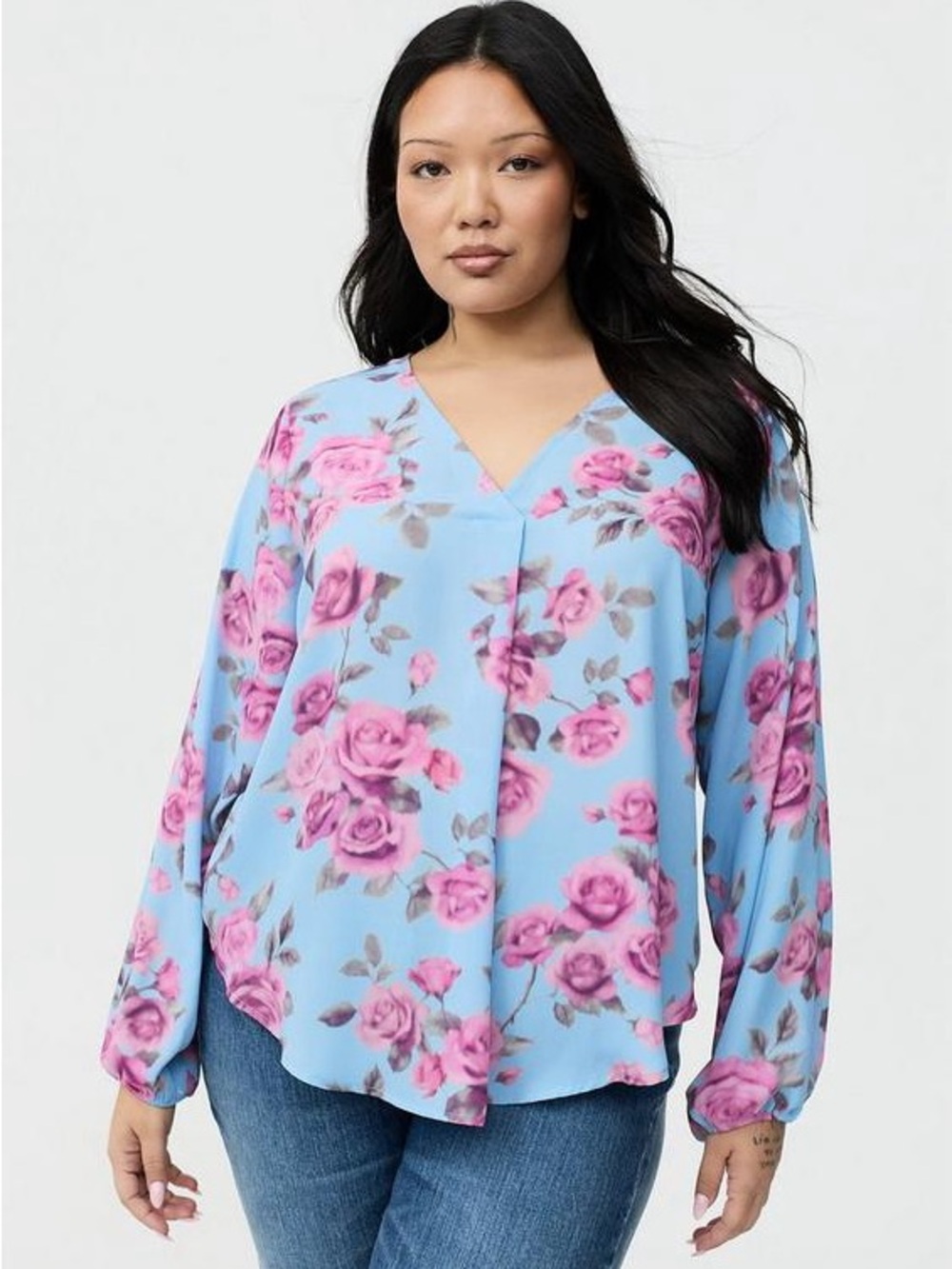 torrid Blue Floral V-Neck Long Sleeve Blouse with Pink Roses